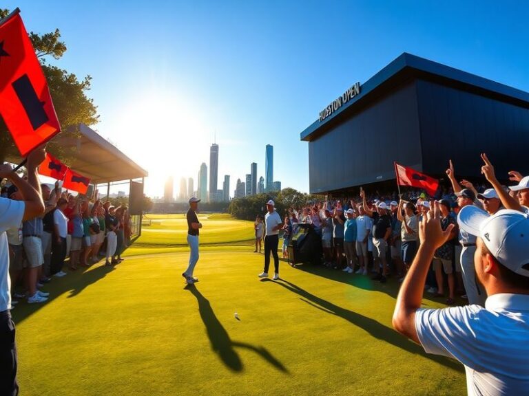 A vibrant scene from the Houston Open, featuring golfers in action, the lush green course, and enthusiastic spectators enjoyi