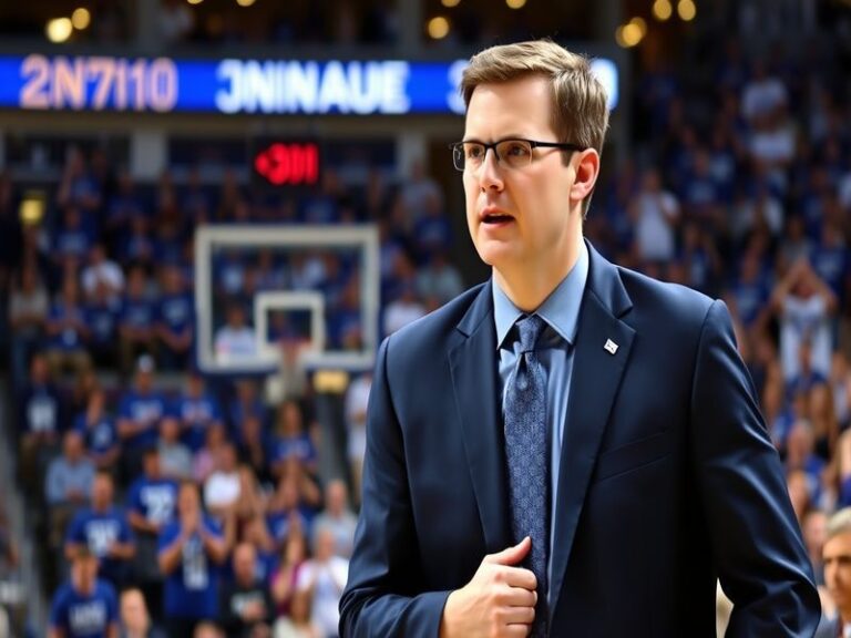 A dynamic action shot of Jon Scheyer coaching during a Duke game, with the Cameron Crazies crowd blurred in the background, e