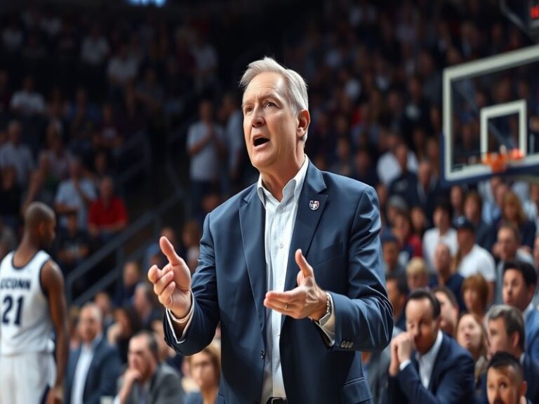 A dynamic shot of Coach Dan Hurley on the sidelines during a game, showcasing his intense focus and strategic engagement with