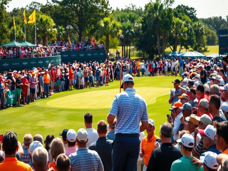 A vibrant scene from the Houston Open, featuring golfers in action, enthusiastic crowds, and the lush green landscape of the