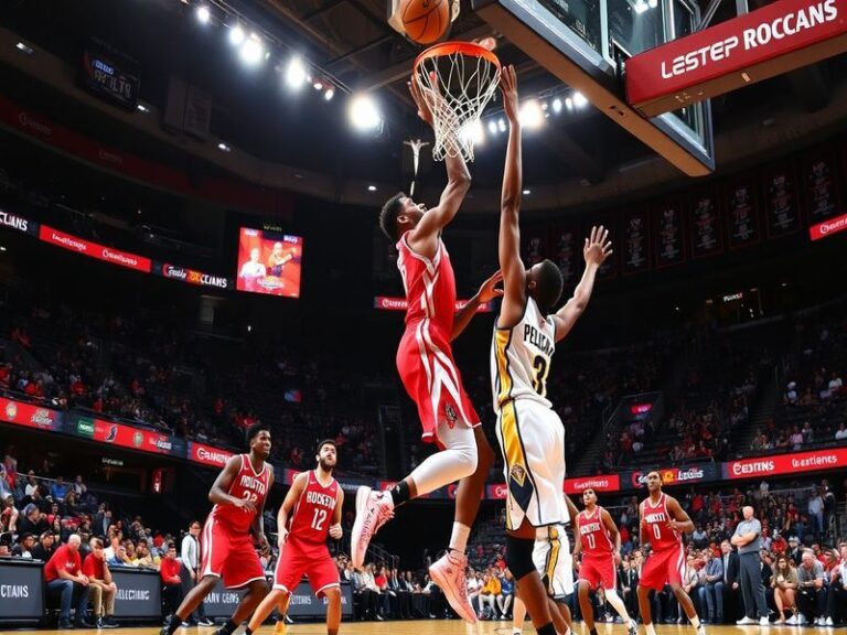 An action shot of the Rockets and Pelicans players during a game, showcasing intense competition and teamwork.