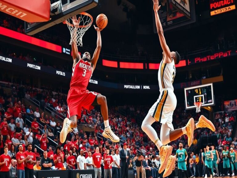 A dynamic NBA game scene featuring Zion Williamson driving to the basket against the Rockets' defense, with Houston's three-p