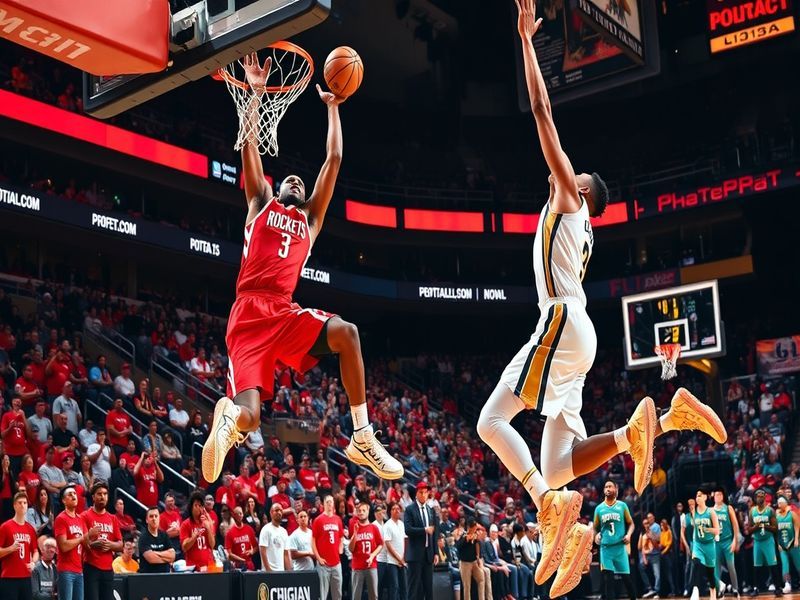 A dynamic NBA game scene featuring Zion Williamson driving to the basket against the Rockets' defense, with Houston's three-p