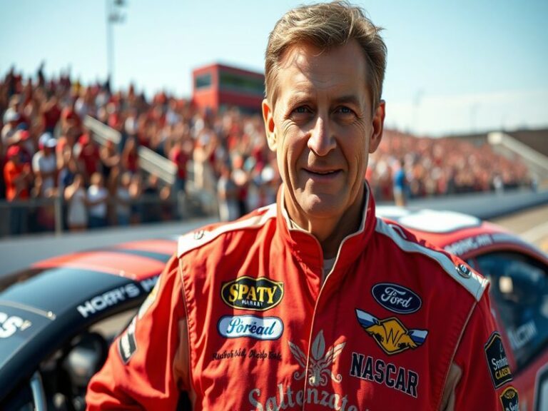 A dynamic image of Bill Elliott in his racing suit, standing beside his iconic race car, with a cheering crowd in the backgro