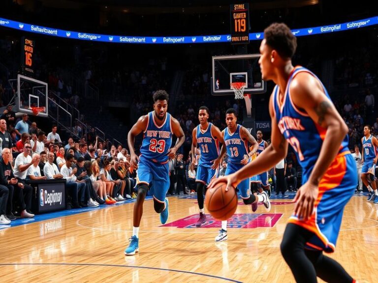 An action shot of a Knicks vs Thunder game, featuring players in mid-play, showcasing their athleticism and competitive spiri