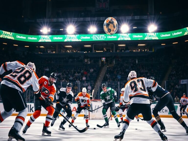 A dynamic action shot of a Dallas Stars vs. Philadelphia Flyers game, showcasing players in motion, the intensity of the matc