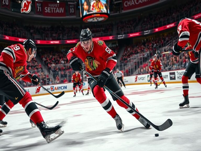 An action-packed image of a Blackhawks vs Devils game showcasing players in intense competition, with fans in the background