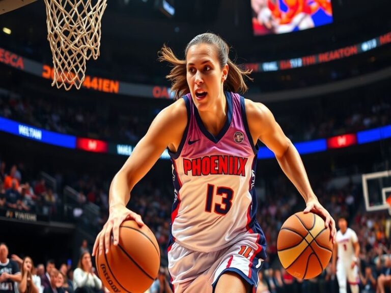 A dynamic action shot of Diana Taurasi during a game, showcasing her intense focus and skill on the basketball court.