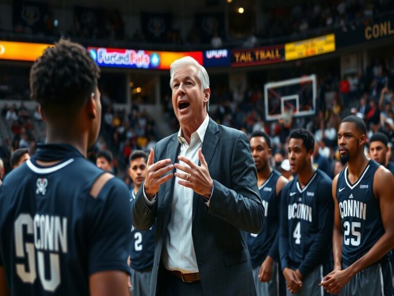 An action shot of UConn head coach Dan Hurley during a basketball game, showcasing his intense focus and passion for the game