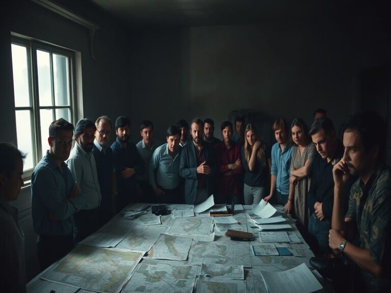 A moody group shot of the cast of 'Something Very Bad Is Going to Happen' standing in a dimly lit forest at dusk, wearing mod