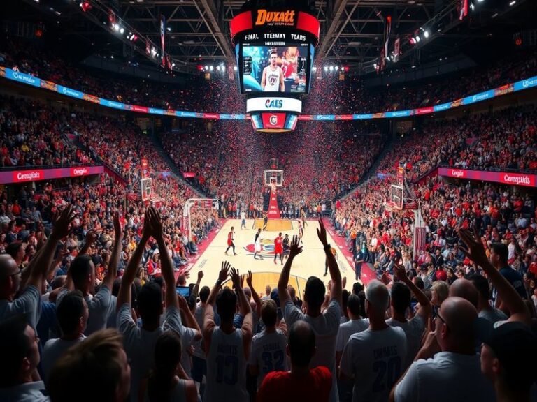 A vibrant scene from the Men's Final Four, showcasing passionate fans in team colors, basketball courts, and a festive atmosp