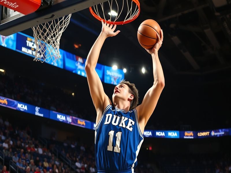 An action shot of Christian Laettner during a college basketball game, showcasing his iconic number 32 jersey and intense foc