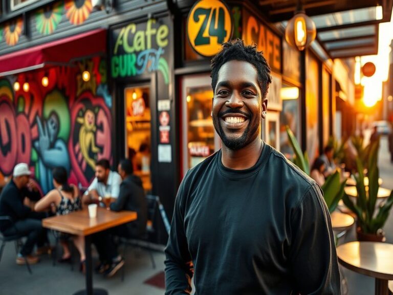 A portrait of Dezi Freeman, showcasing his charismatic smile against a vibrant urban backdrop, reflecting his dynamic persona