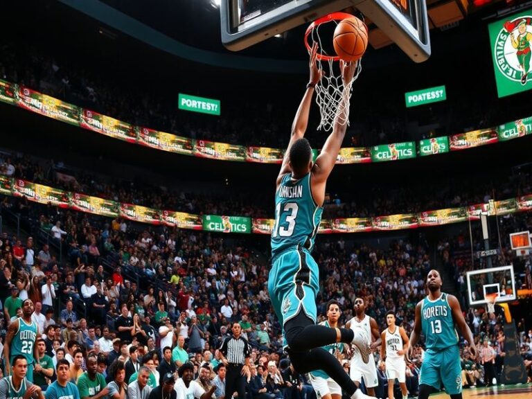 An action-packed image of a Hornets vs Celtics game, showcasing players in motion, the vibrant crowd, and the iconic court.
