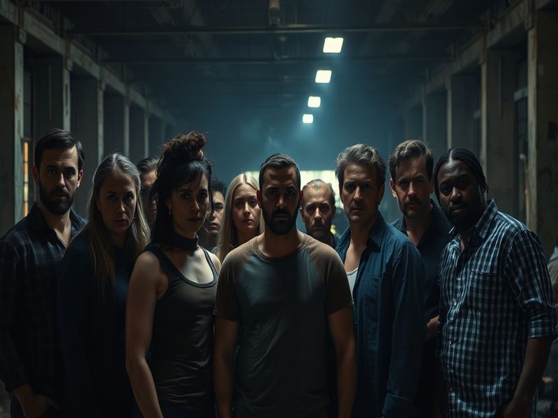 A moody, cinematic still of the Something Bad Is Going to Happen cast in character, set in a dimly lit 1990s diner with retro