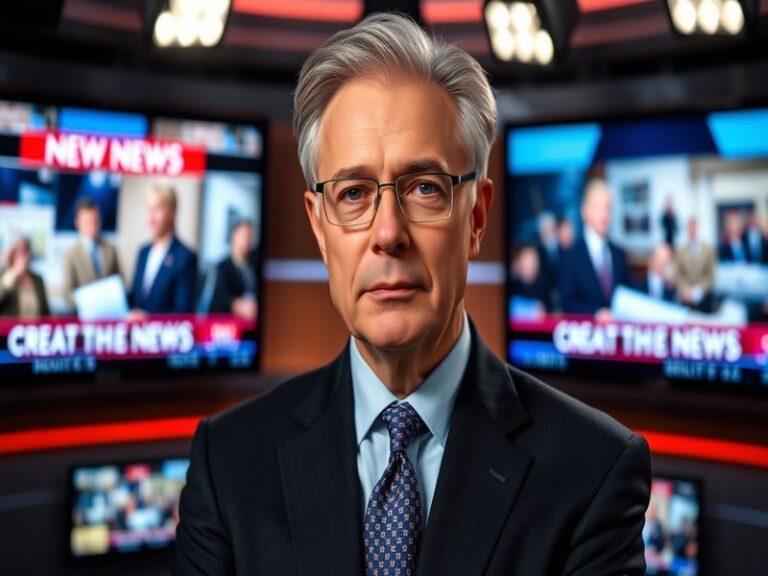 A portrait of Scott Pelley in a newsroom setting, focused and engaged, with cameras and news articles in the background, conv