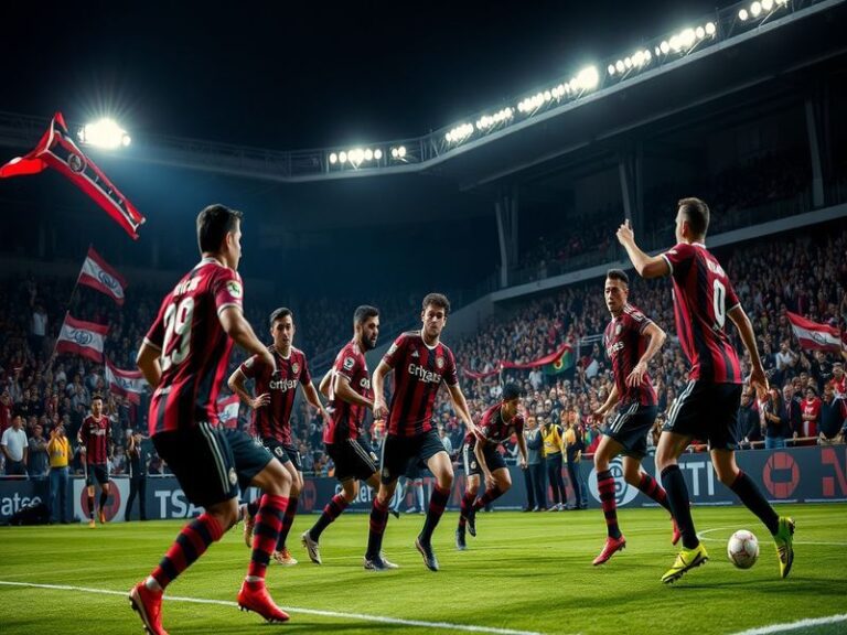 A vibrant stadium scene during a match between Atlas and Chivas, showcasing passionate fans with team colors, flags, and inte