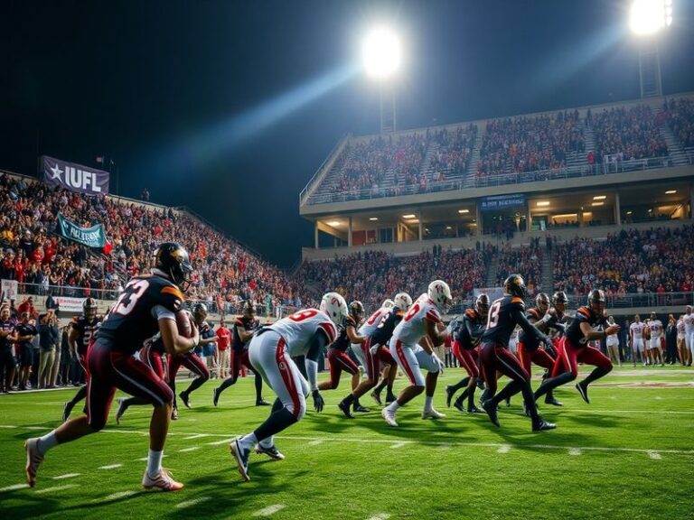 A vibrant football field with UFL teams in action, showcasing players in dynamic poses, fans cheering in the stands, and team