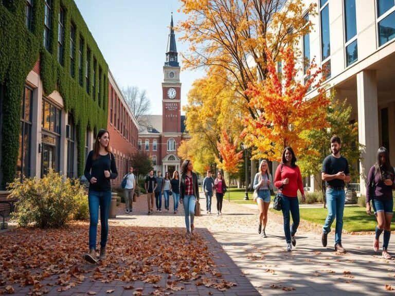 A panoramic view of the Grand Valley State University campus, showcasing modern buildings, lush greenery, and students engage