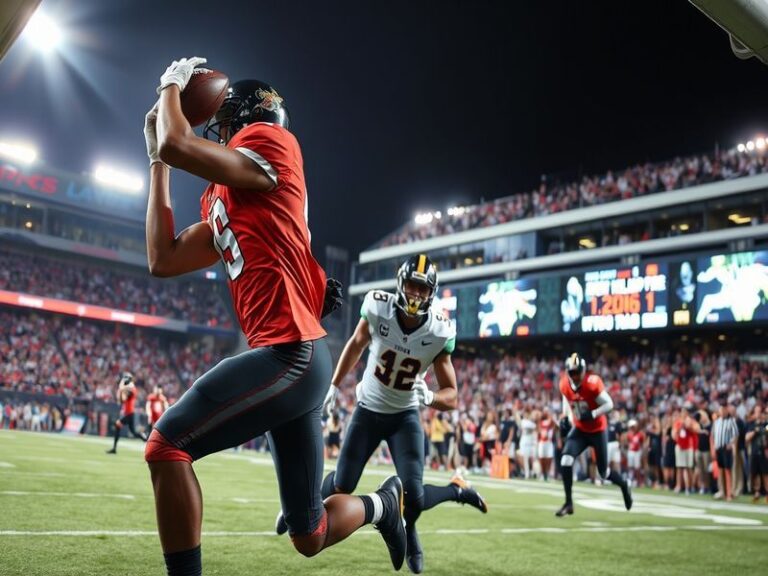 A split-screen image showing a UFL game in progress at a packed stadium on one side, and a close-up of a UFL player in action