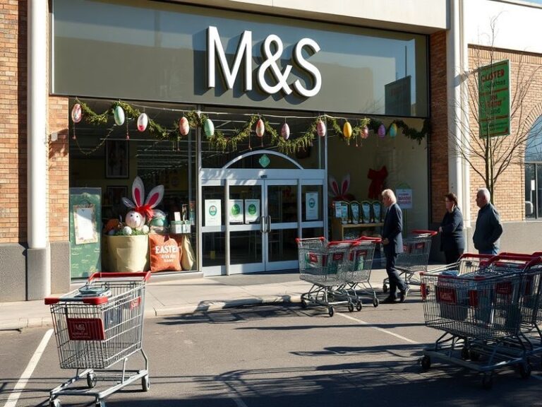 An image of a closed M&S store on Easter Sunday, with signs indicating the closure and a peaceful street scene.