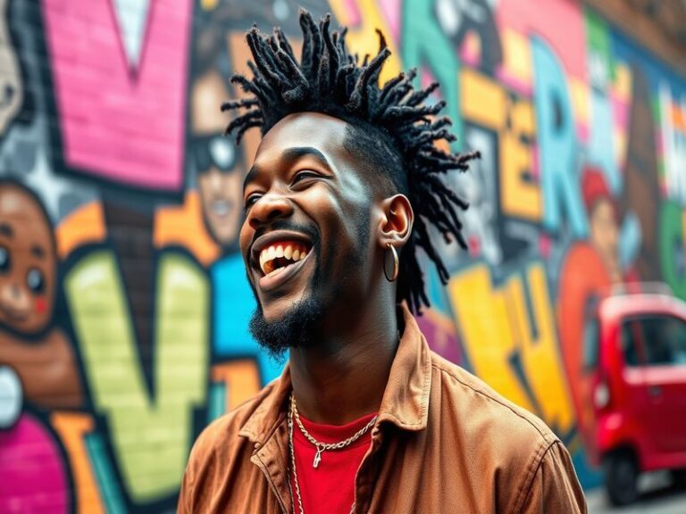 A vibrant portrait of Dezi Freeman smiling, surrounded by beauty products and engaging with her audience, conveying a warm an