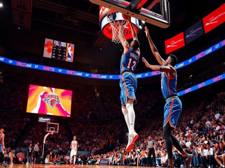 An action shot of a Thunder vs Knicks game at Madison Square Garden, showcasing players battling for a rebound, with fans in
