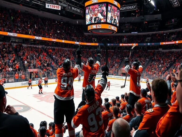 An action shot of a Philadelphia Flyers game, featuring players in vibrant orange and black jerseys, with fans cheering in th