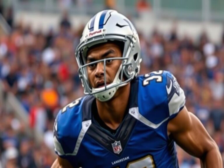 An action shot of AJ Epenesa in his football uniform, showcasing his intensity on the field during a game, with a packed stad