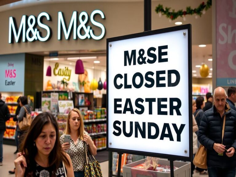 A storefront of Marks & Spencer decorated for Easter, showing closed doors with a 'Closed on Easter Sunday' sign, surrounded