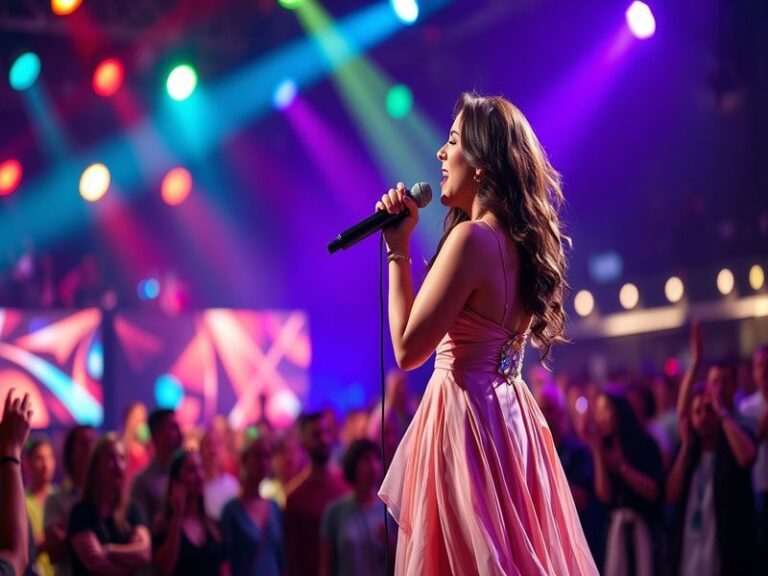 A vibrant concert scene featuring Amanda Miguel performing on stage, with bright lights and an enthusiastic audience, capturi