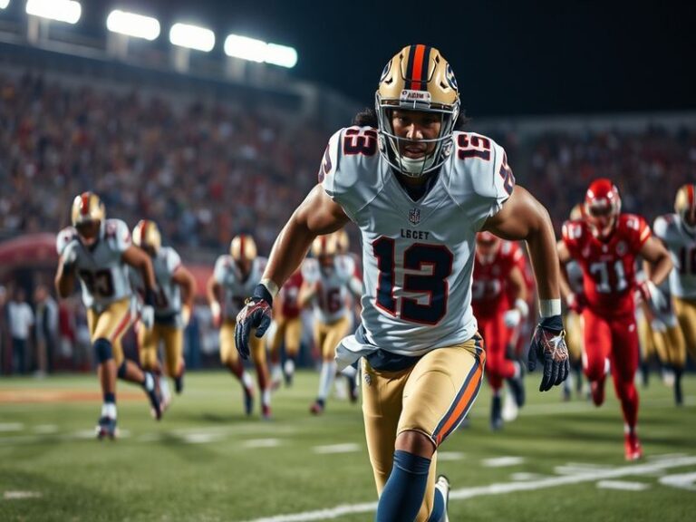 A dynamic action shot of AJ Epenesa in full football gear, showcasing his determination on the field during a game.