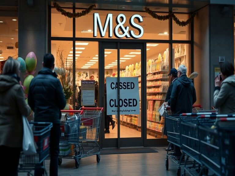 An image of a closed Marks & Spencer store on Easter Sunday, featuring empty streets, a peaceful atmosphere, and signage high