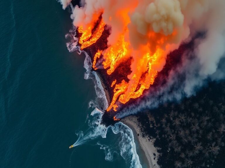 A dramatic image depicting a shoal line fire at sunset, showcasing flames licking at coastal vegetation with smoke rising aga