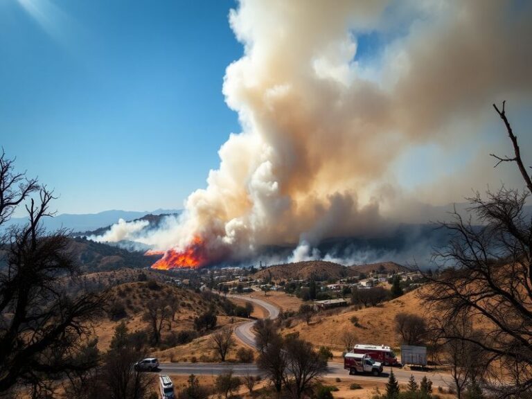 A dramatic image showing smoke rising from the hills of Santee, with firefighters battling the flames, capturing the urgency