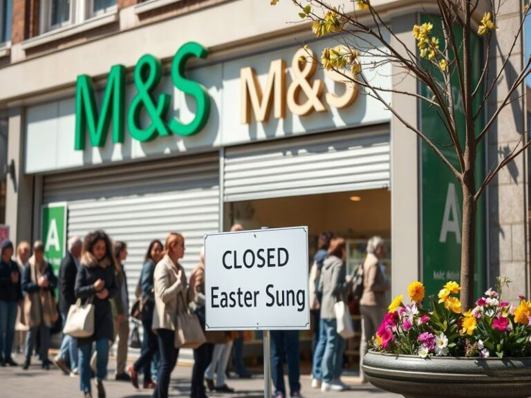 A bustling M&S store with shoppers, contrasted by an empty store on Easter Sunday, highlighting the cultural significance of
