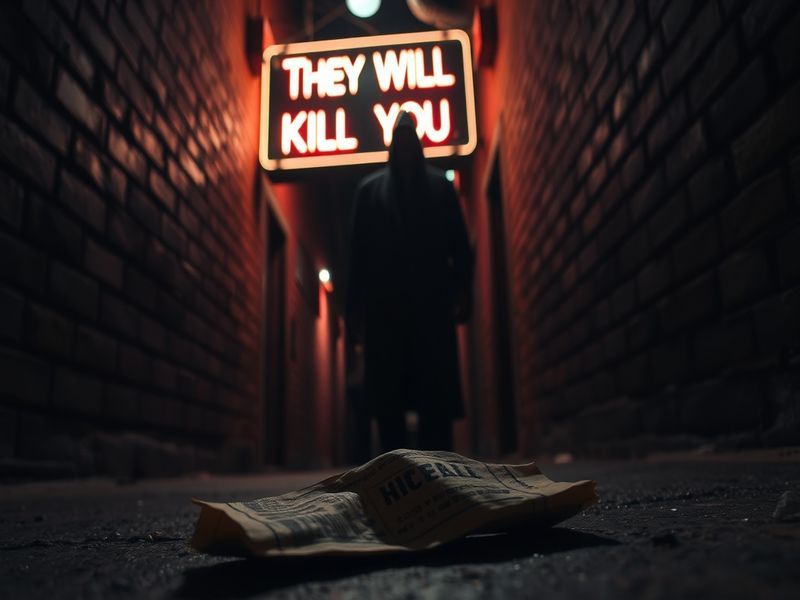 A dark and suspenseful scene from 'They Will Kill You', showcasing the protagonist in a tense moment, surrounded by shadows,