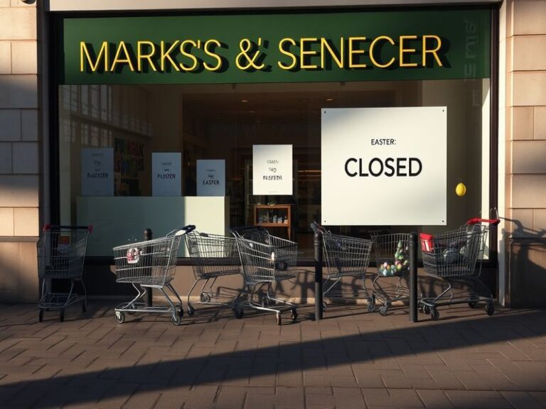 An image of a closed M&S store on Easter Sunday, with signage indicating the holiday closure and a serene, empty street.