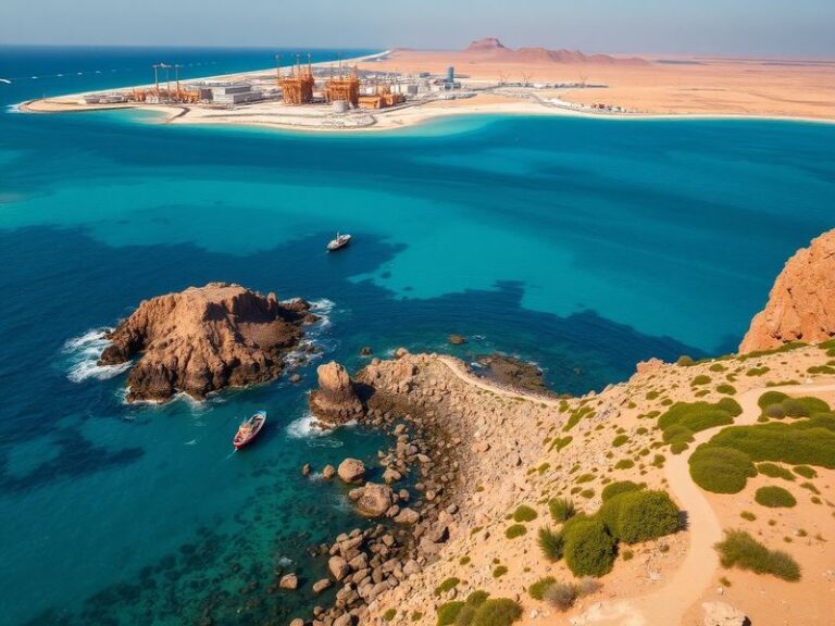 Aerial view of Kharg Island showcasing oil facilities and the Persian Gulf, with a clear blue sky.