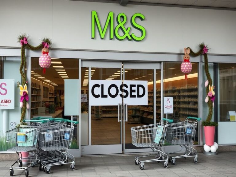 A modern Marks & Spencer storefront with a 'Closed' sign on Easter Sunday, surrounded by spring decorations and blurred shopp