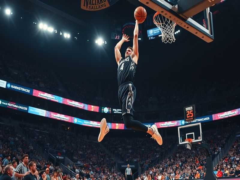 A dynamic action shot of Kristaps Porziņģis in a Mavericks jersey, capturing his height and athleticism on the basketball cou