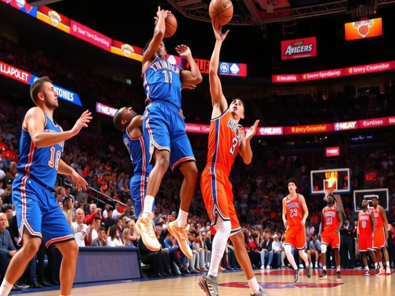 A vibrant basketball court scene showcasing players from the Thunder and Knicks in action, highlighting their contrasting sty
