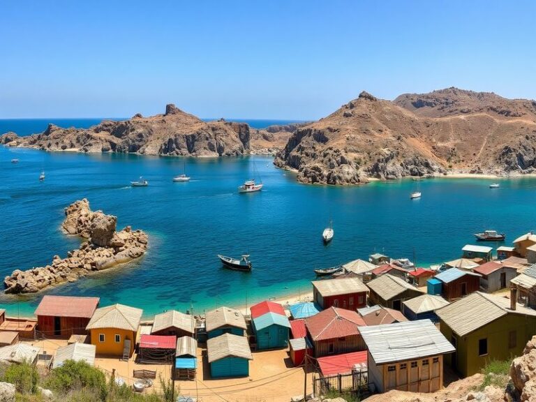 Aerial view of Kharg Island showcasing oil terminals against the backdrop of the Persian Gulf, with a clear blue sky and ship