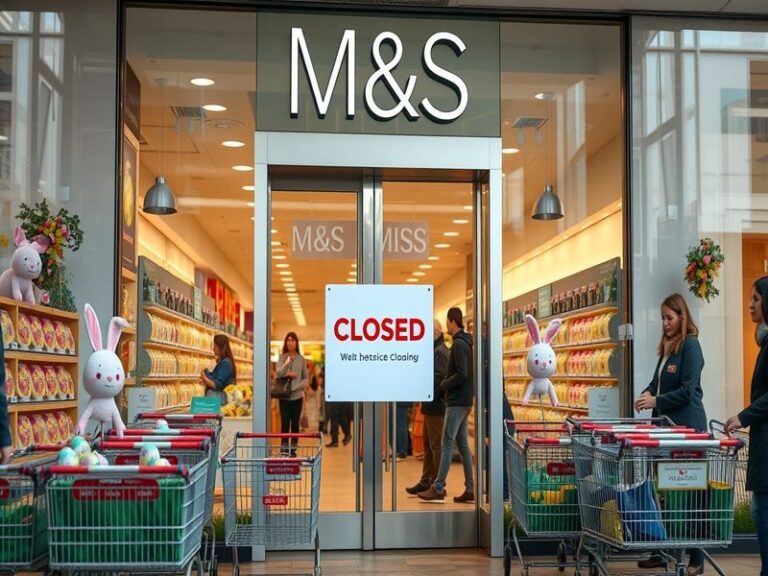 A brightly lit Marks & Spencer storefront with a 'Closed' sign on the door, surrounded by Easter decorations like pastel-colo