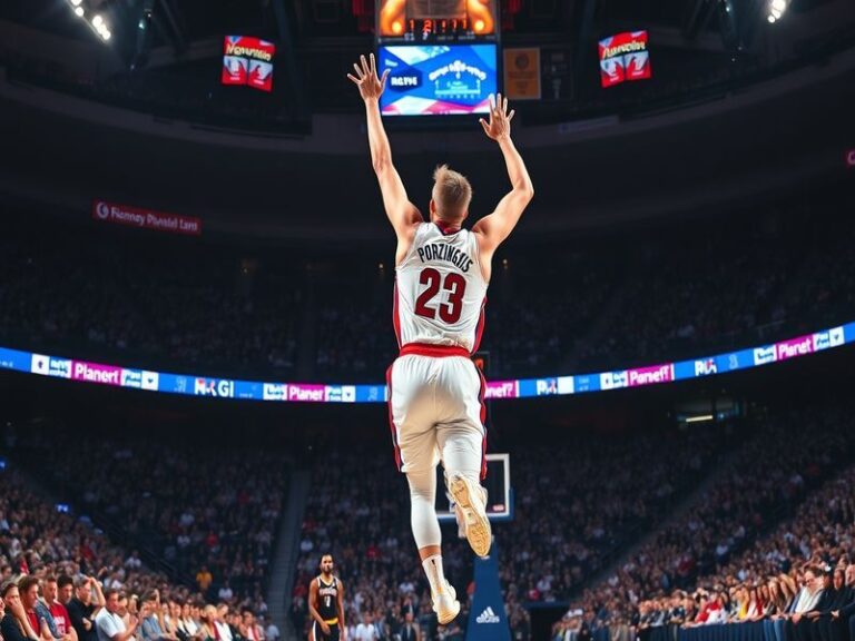 A dynamic action shot of Kristaps Porziņģis in a Dallas Mavericks uniform, showcasing his height and skill while shooting a b