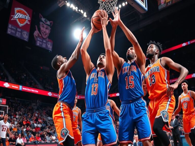 An action shot of the Thunder vs Knicks game featuring players in intense competition, showcasing the vibrant atmosphere of a