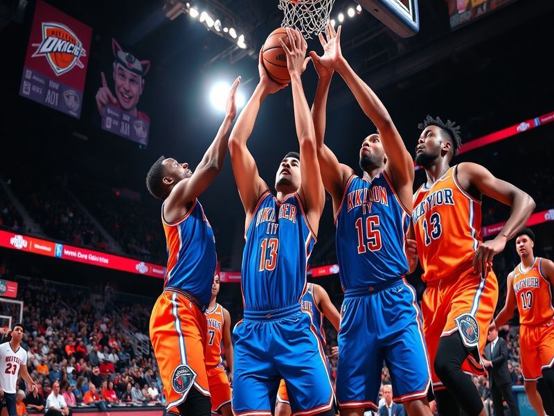 An action shot of the Thunder vs Knicks game featuring players in intense competition, showcasing the vibrant atmosphere of a