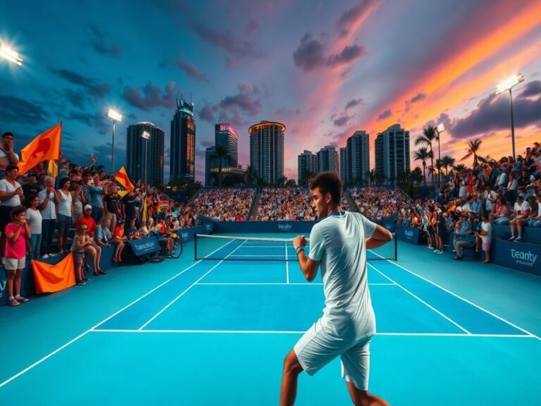 A vibrant shot of Hard Rock Stadium packed with spectators under a bright Florida sky, featuring players in action on blue co