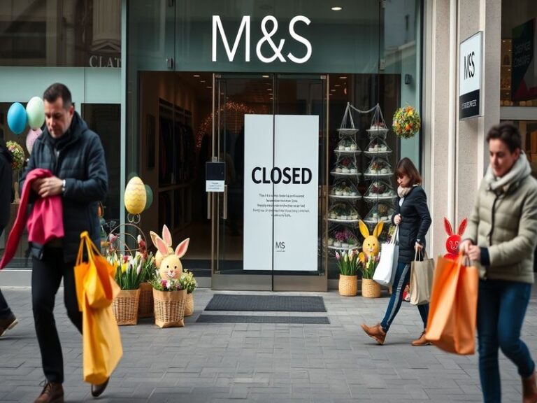 An M&S store exterior decorated for Easter, with closed signs displayed, showcasing a serene and quiet atmosphere.