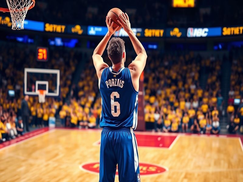 A dynamic action shot of Kristaps Porzingis in a Boston Celtics uniform, showcasing his height and skill during a game, with